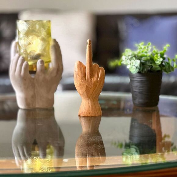 Carved Wooden Flipping The Bird Hand Gesture Statue Natural Finish Home Decor - Picture 8 of 10